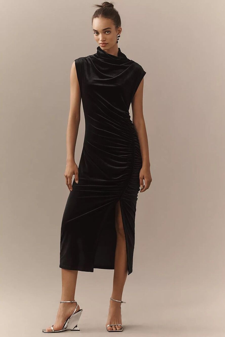 By Anthropologie $228 Maya Ruched Cowl Neck Velvet Midi Dress Black S NEW